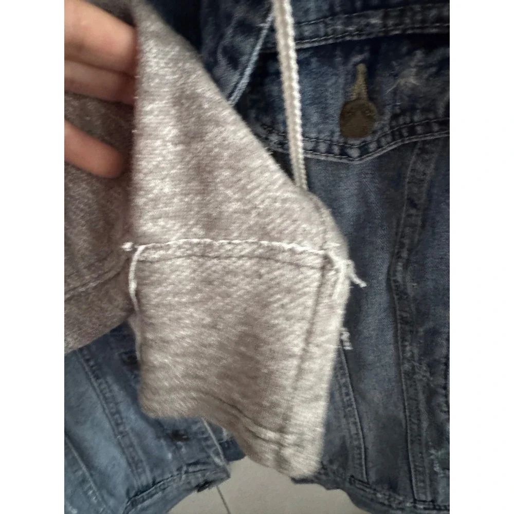 Free People Denim Hooded Jacket Blue Distressed Mixed‎ Media Knit Sleeve Small